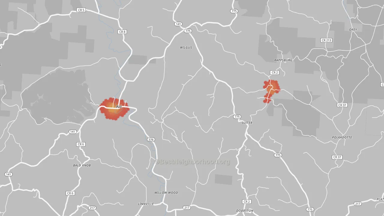Walk Grade map of 45696, OH, walkable areas in green and car-dependent areas in red
