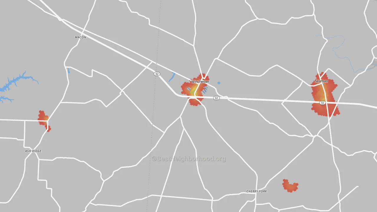 Walk Grade map of 45697, OH, walkable areas in green and car-dependent areas in red