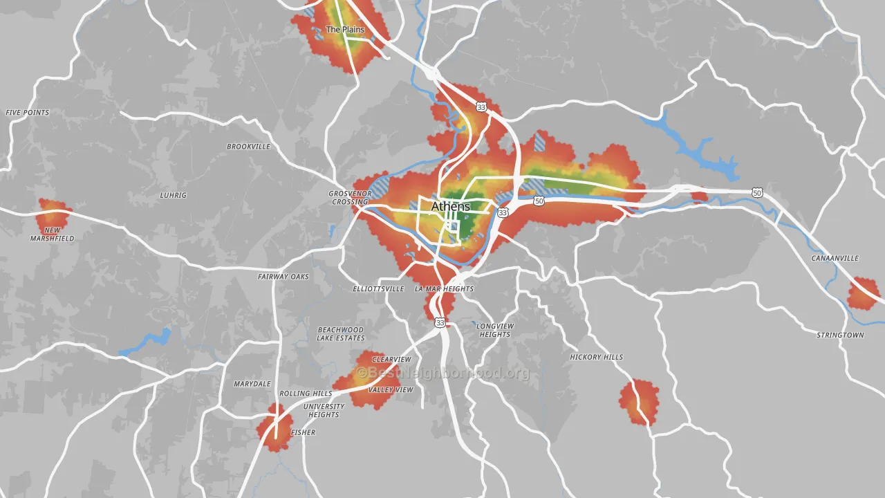 Walk Grade map of 45701, OH, walkable areas in green and car-dependent areas in red
