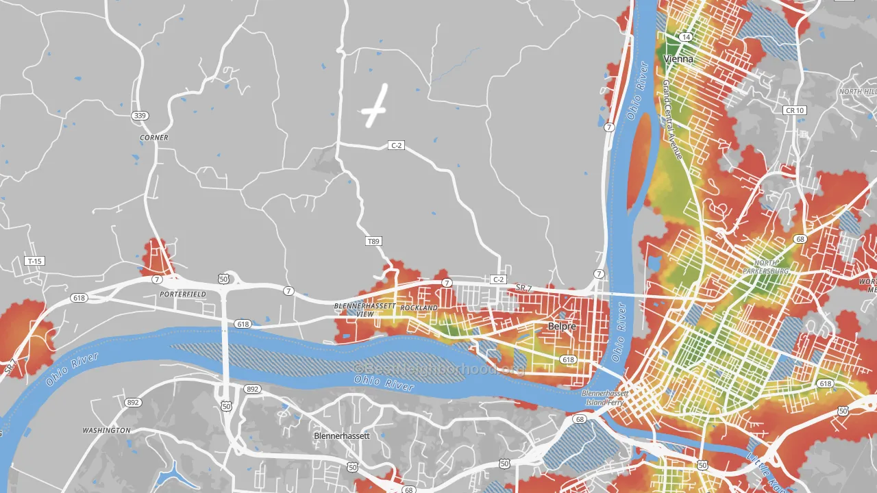 Walk Grade map of 45714, OH, walkable areas in green and car-dependent areas in red
