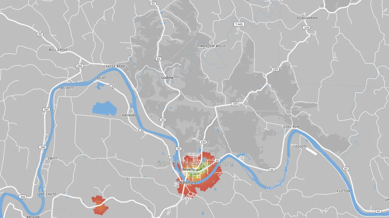 Walk Grade map of 45715, OH, walkable areas in green and car-dependent areas in red