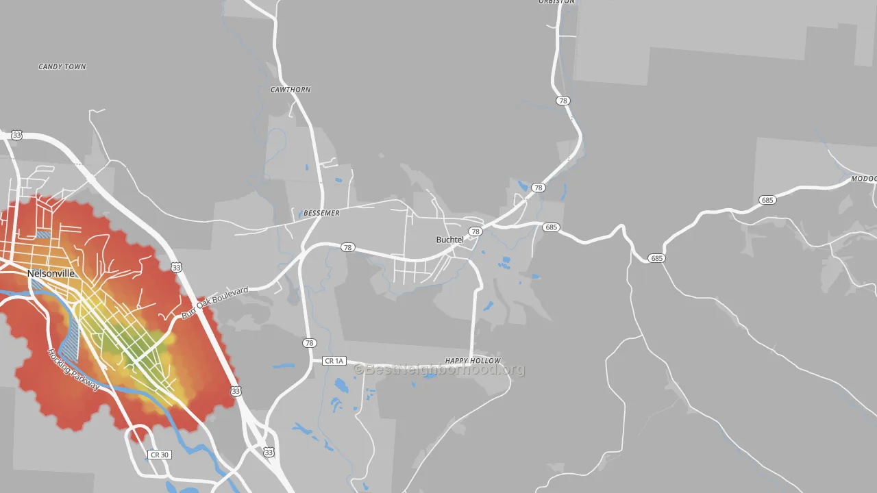 Walk Grade map of 45716, OH, walkable areas in green and car-dependent areas in red