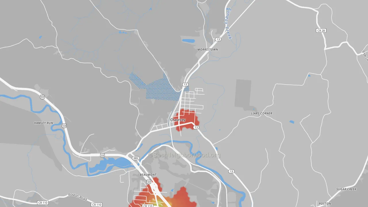 Walk Grade map of 45719, OH, walkable areas in green and car-dependent areas in red