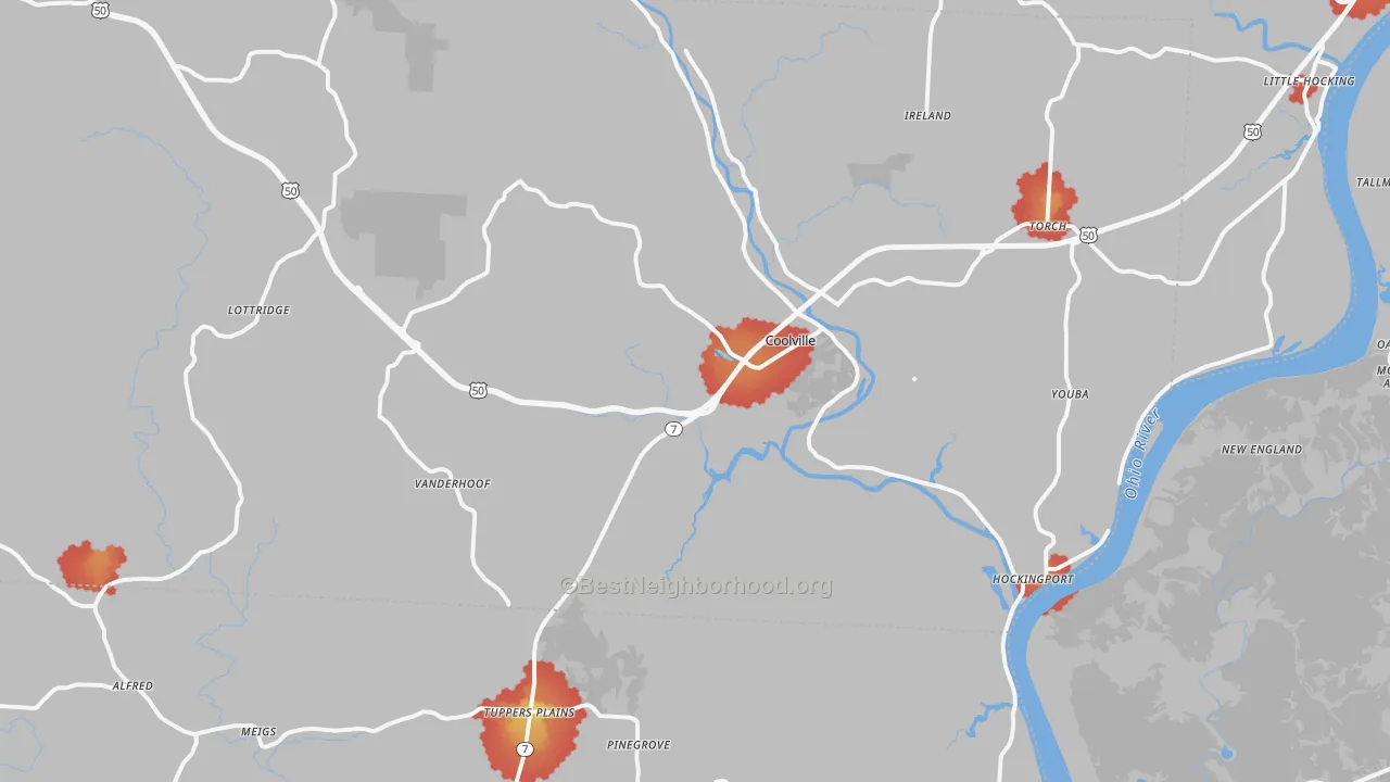 Walk Grade map of 45723, OH, walkable areas in green and car-dependent areas in red