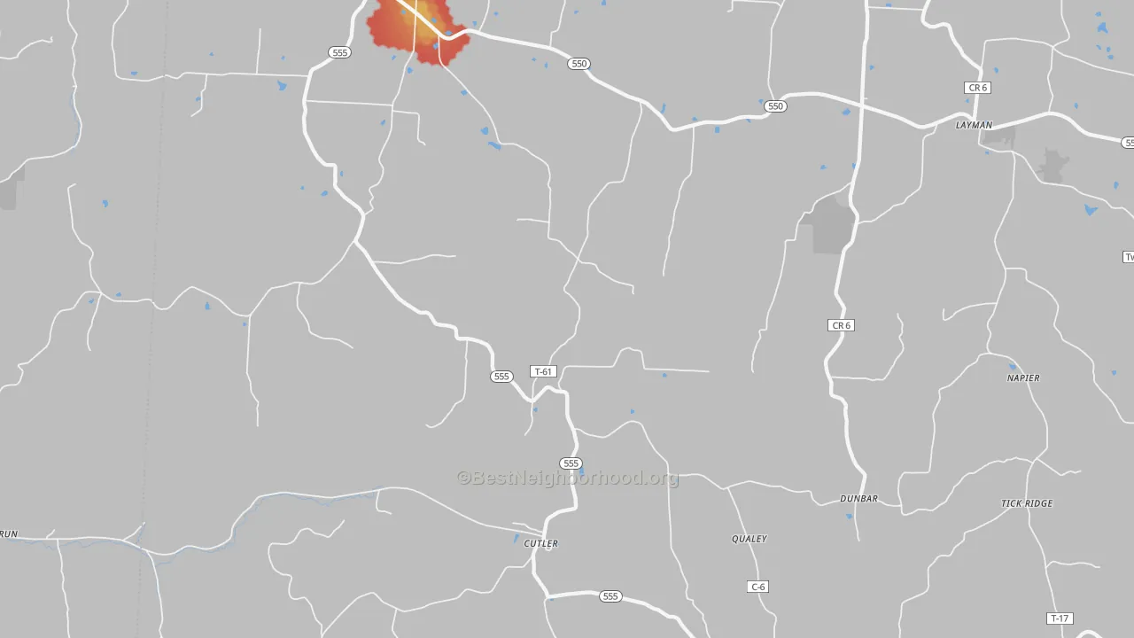 Walk Grade map of 45724, OH, walkable areas in green and car-dependent areas in red