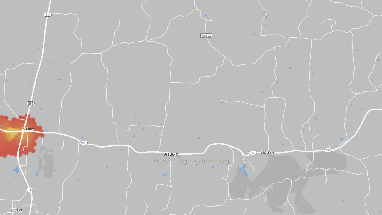 Walk Grade map of 45729, OH, walkable areas in green and car-dependent areas in red