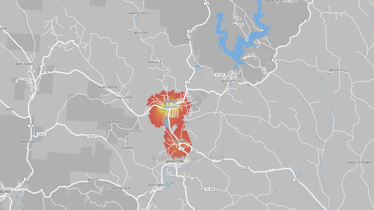 Walk Grade map of 45732, OH, walkable areas in green and car-dependent areas in red