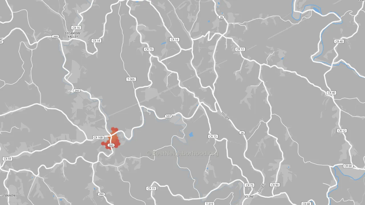 Walk Grade map of 45734, OH, walkable areas in green and car-dependent areas in red