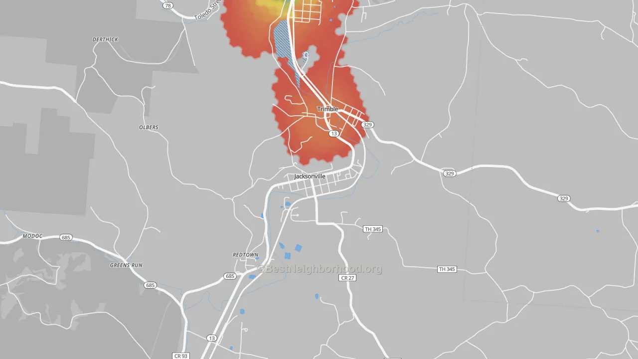 Walk Grade map of 45740, OH, walkable areas in green and car-dependent areas in red
