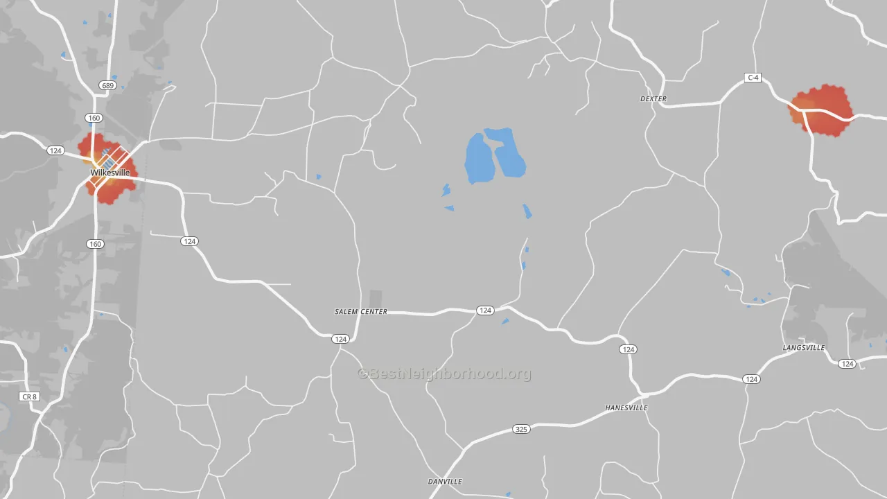 Walk Grade map of 45741, OH, walkable areas in green and car-dependent areas in red
