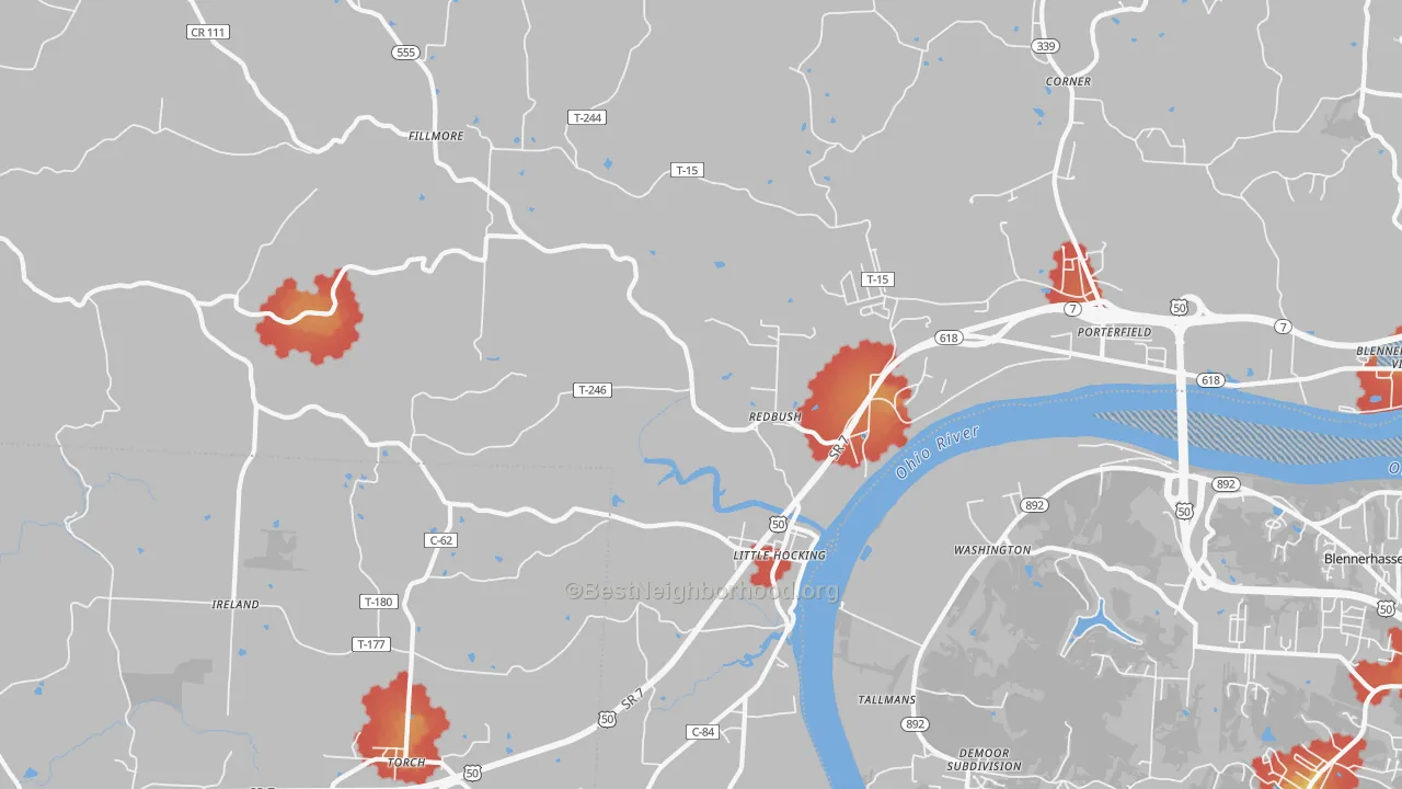 Walk Grade map of 45742, OH, walkable areas in green and car-dependent areas in red