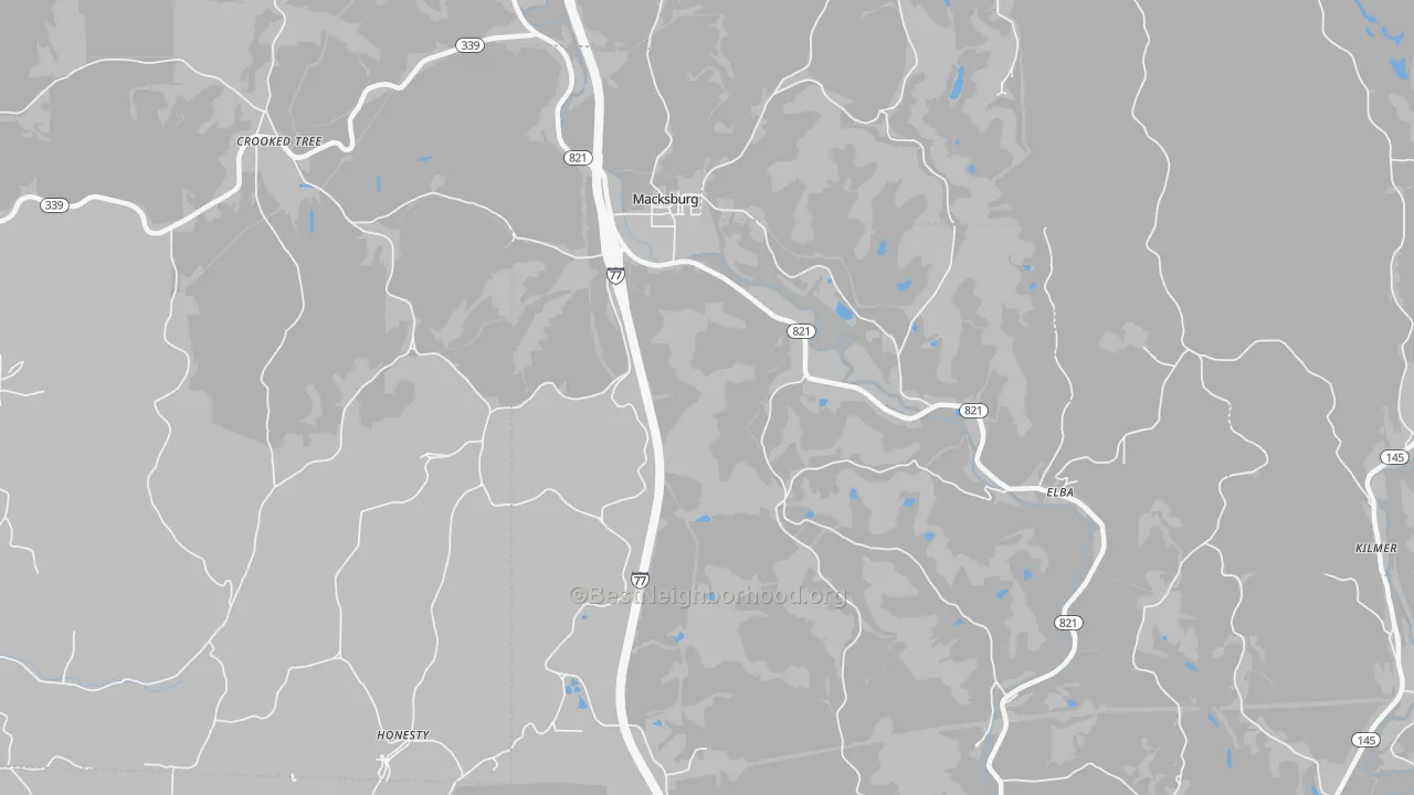 Walk Grade map of 45746, OH, walkable areas in green and car-dependent areas in red