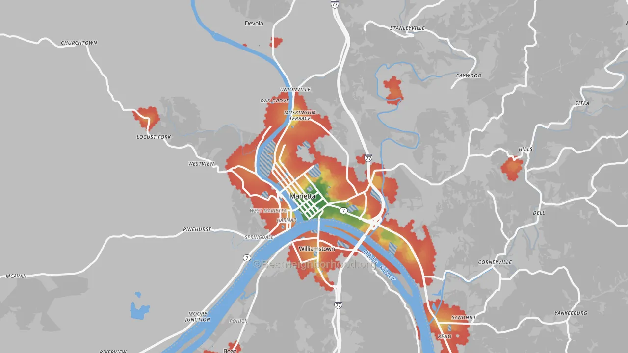 Walk Grade map of 45750, OH, walkable areas in green and car-dependent areas in red