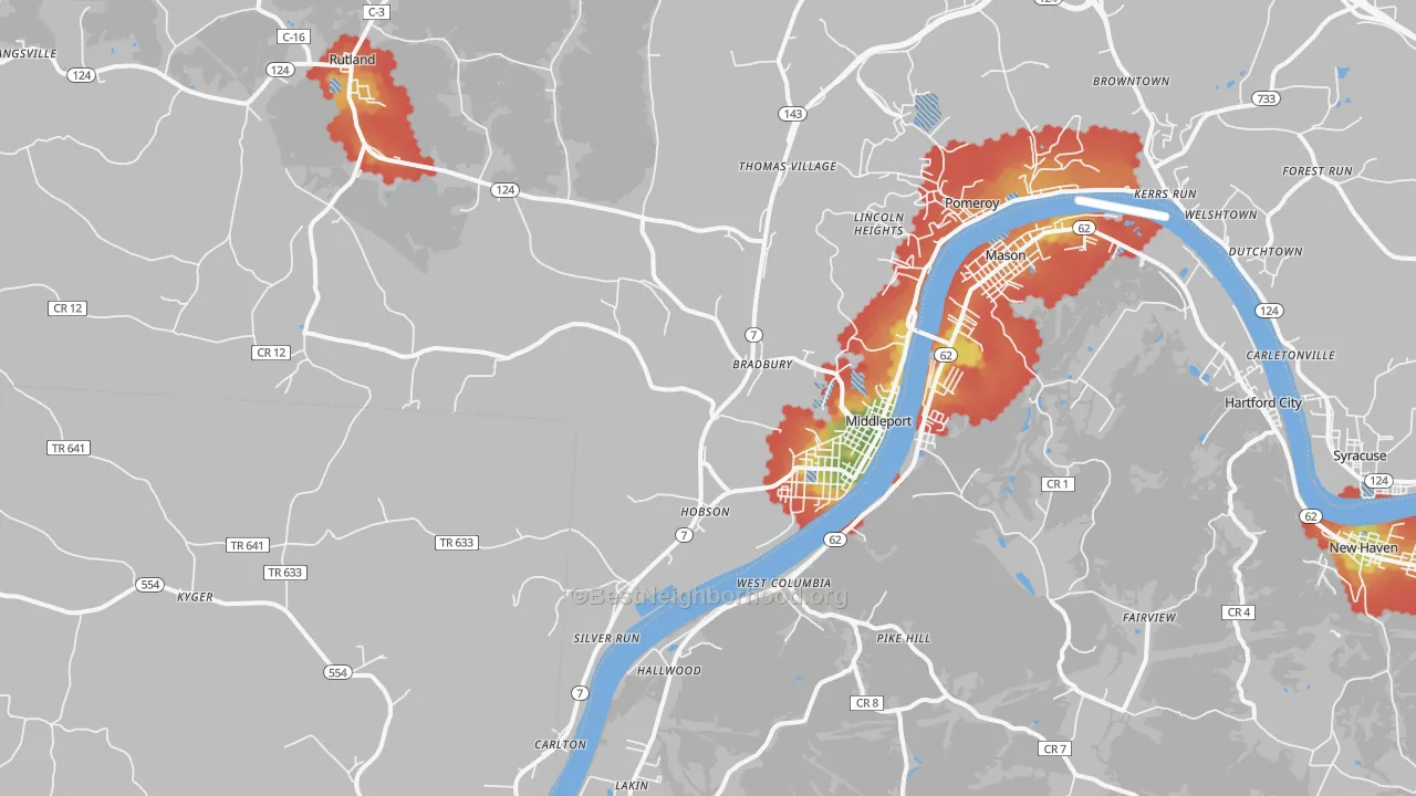 Walk Grade map of 45760, OH, walkable areas in green and car-dependent areas in red