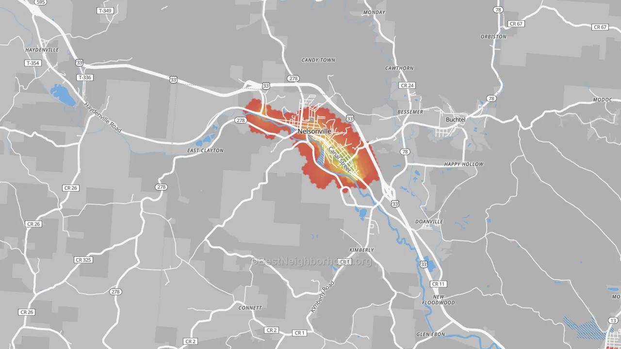 Walk Grade map of 45764, OH, walkable areas in green and car-dependent areas in red