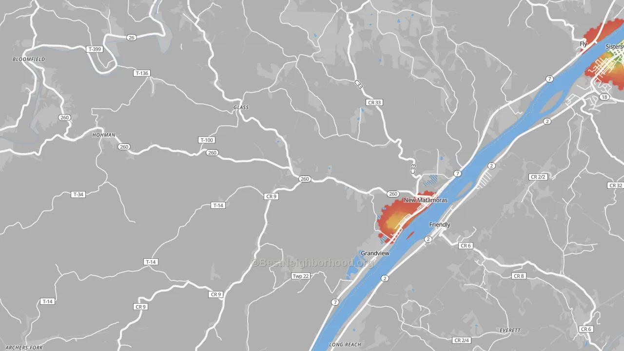Walk Grade map of 45767, OH, walkable areas in green and car-dependent areas in red