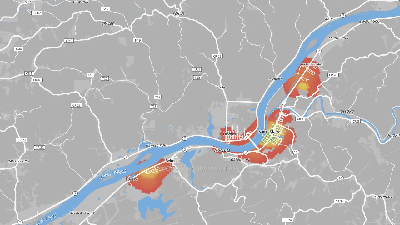 Walk Grade map of 45768, OH, walkable areas in green and car-dependent areas in red