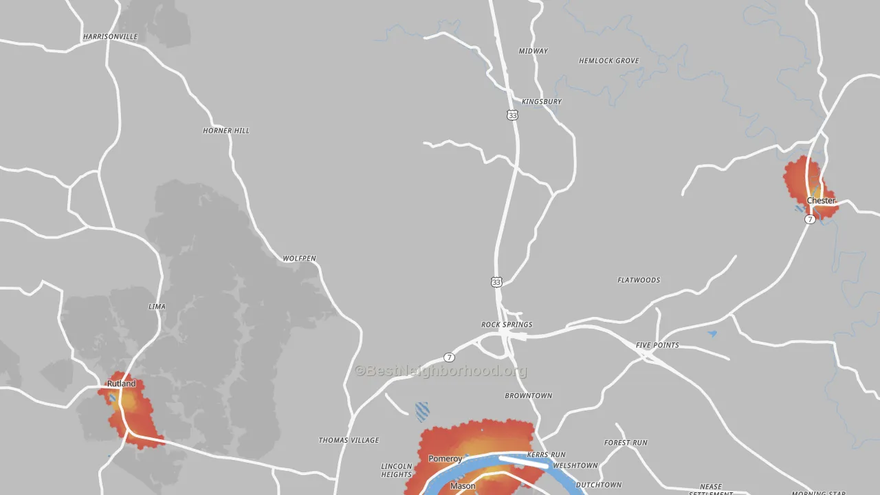 Walk Grade map of 45769, OH, walkable areas in green and car-dependent areas in red