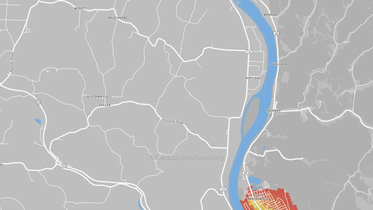 Walk Grade map of 45770, OH, walkable areas in green and car-dependent areas in red