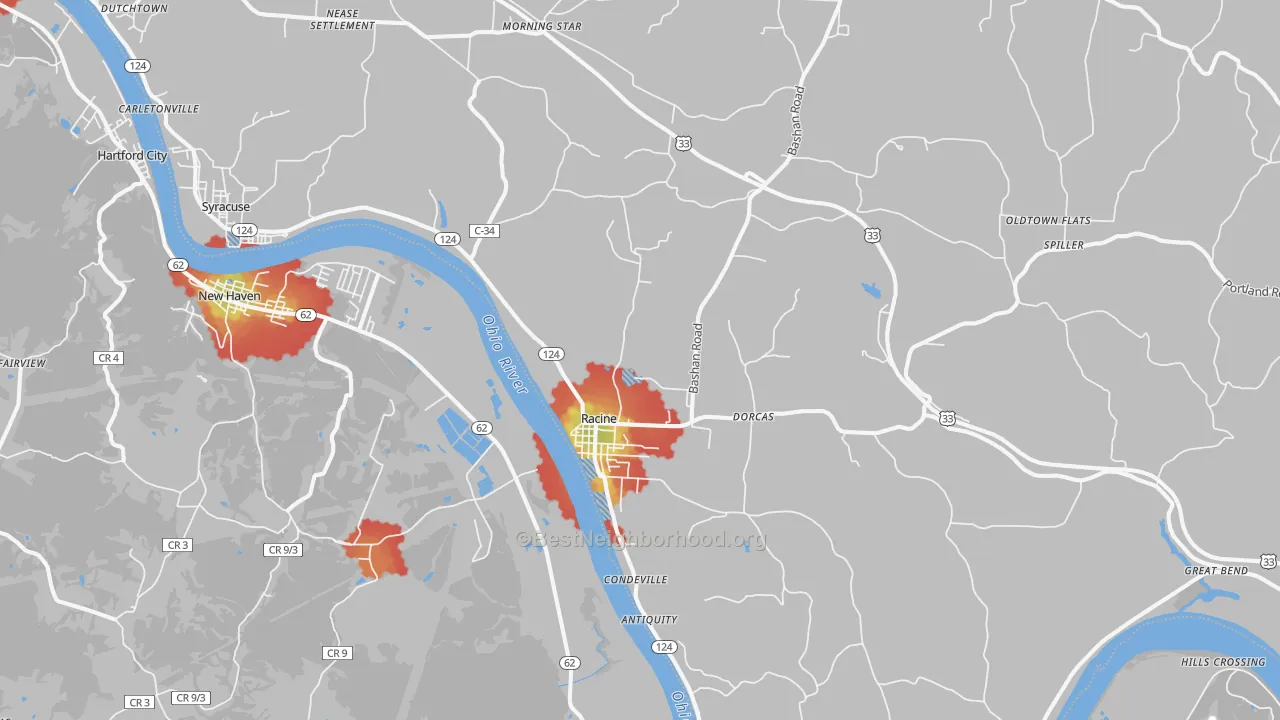 Walk Grade map of 45771, OH, walkable areas in green and car-dependent areas in red