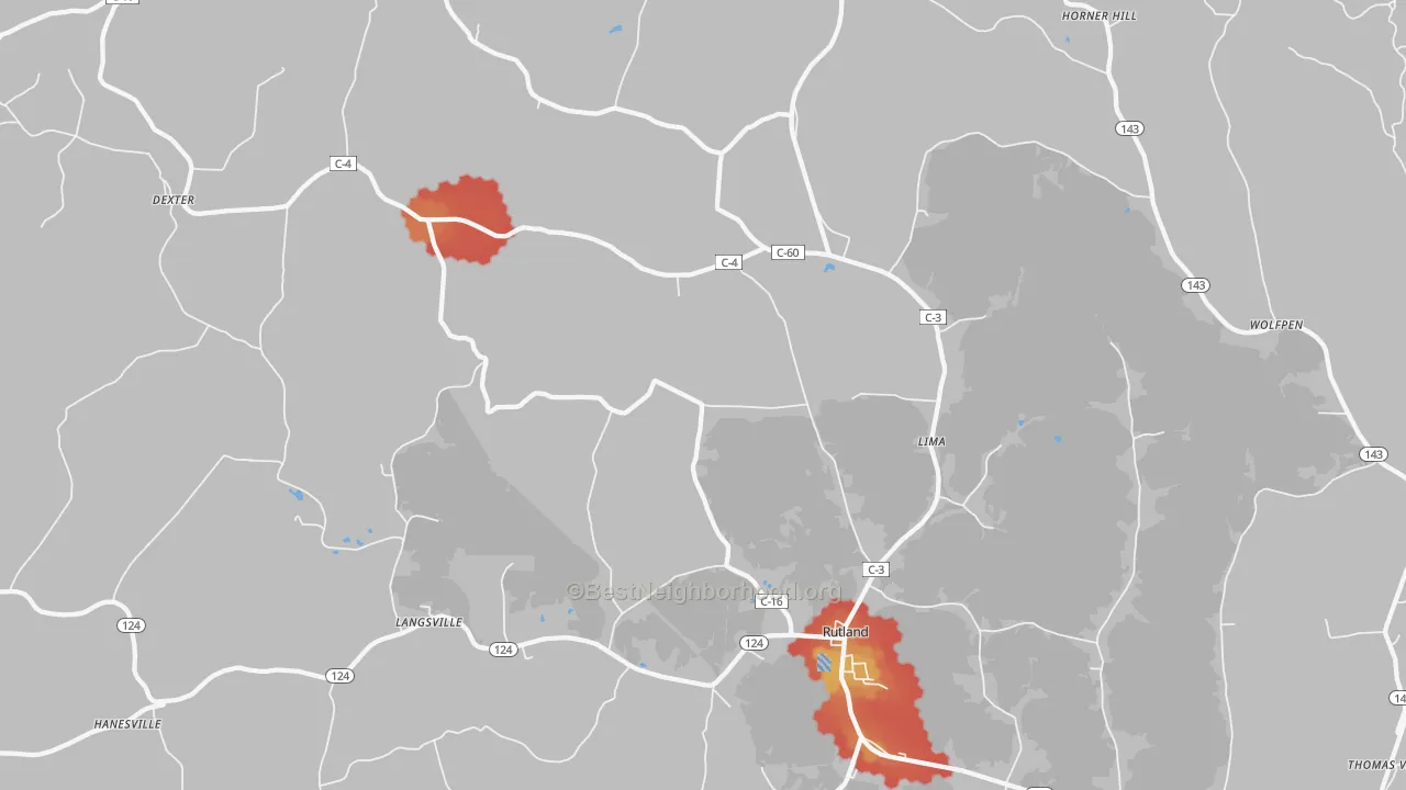 Walk Grade map of 45775, OH, walkable areas in green and car-dependent areas in red