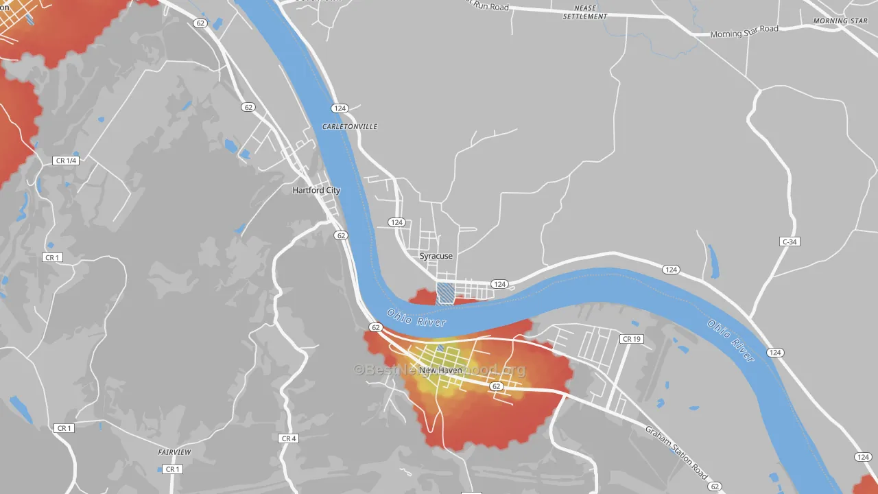 Walk Grade map of 45779, OH, walkable areas in green and car-dependent areas in red