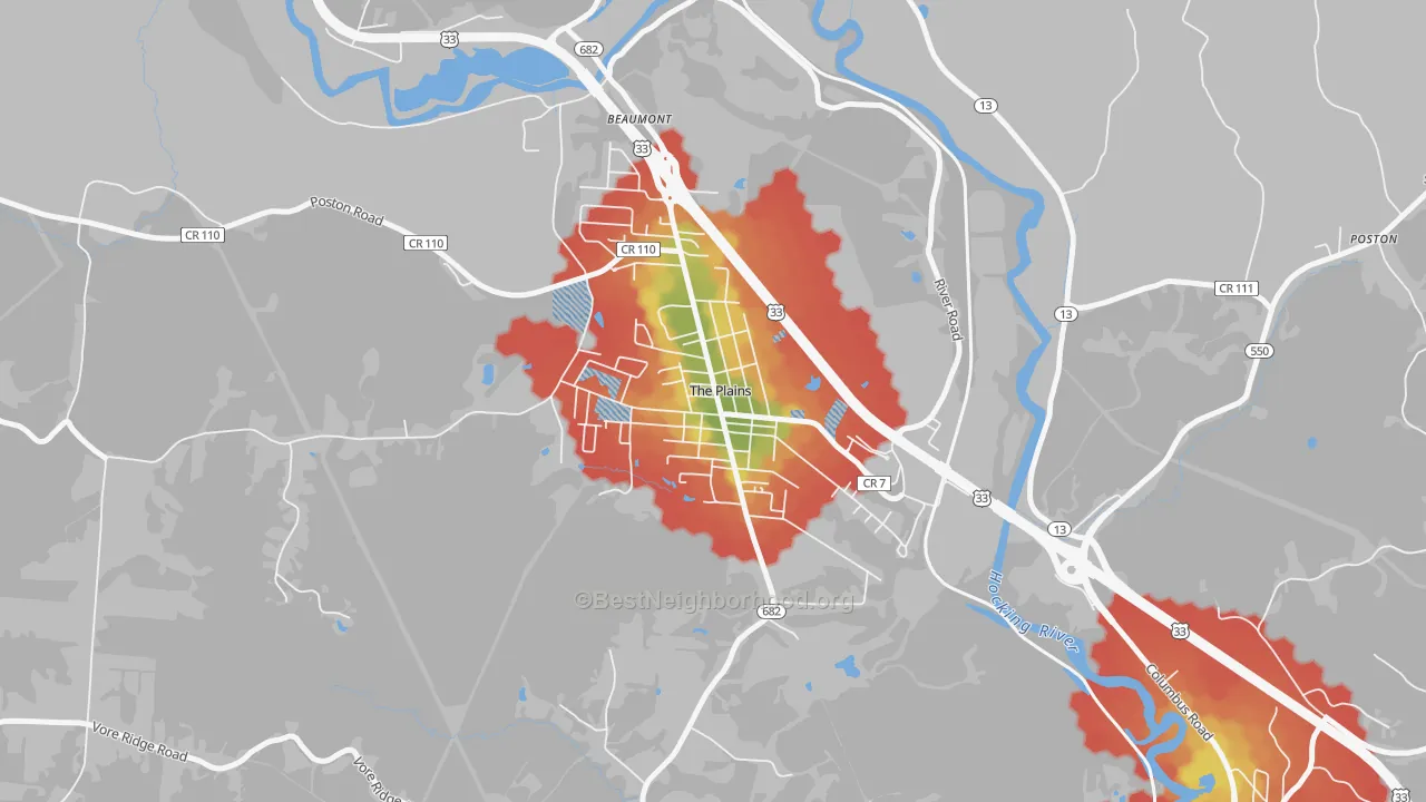Walk Grade map of 45780, OH, walkable areas in green and car-dependent areas in red