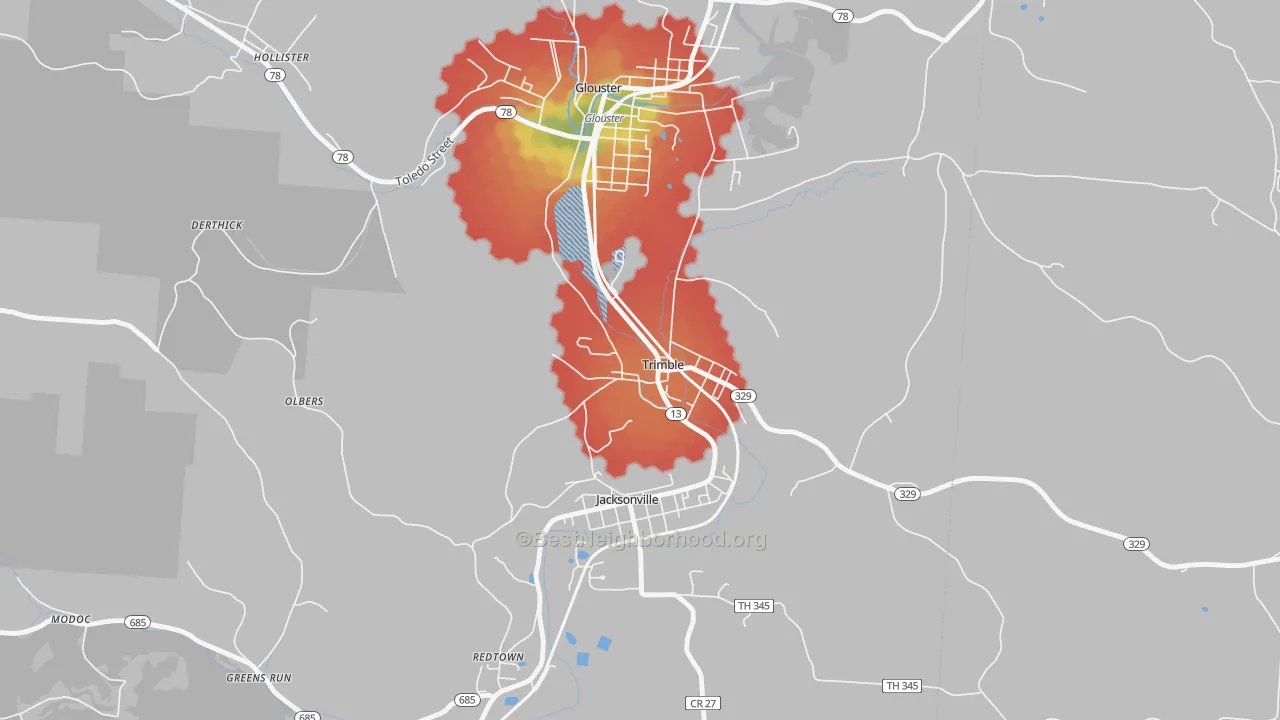 Walk Grade map of 45782, OH, walkable areas in green and car-dependent areas in red