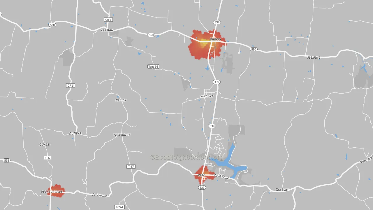 Walk Grade map of 45784, OH, walkable areas in green and car-dependent areas in red