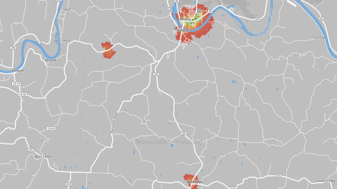 Walk Grade map of 45786, OH, walkable areas in green and car-dependent areas in red