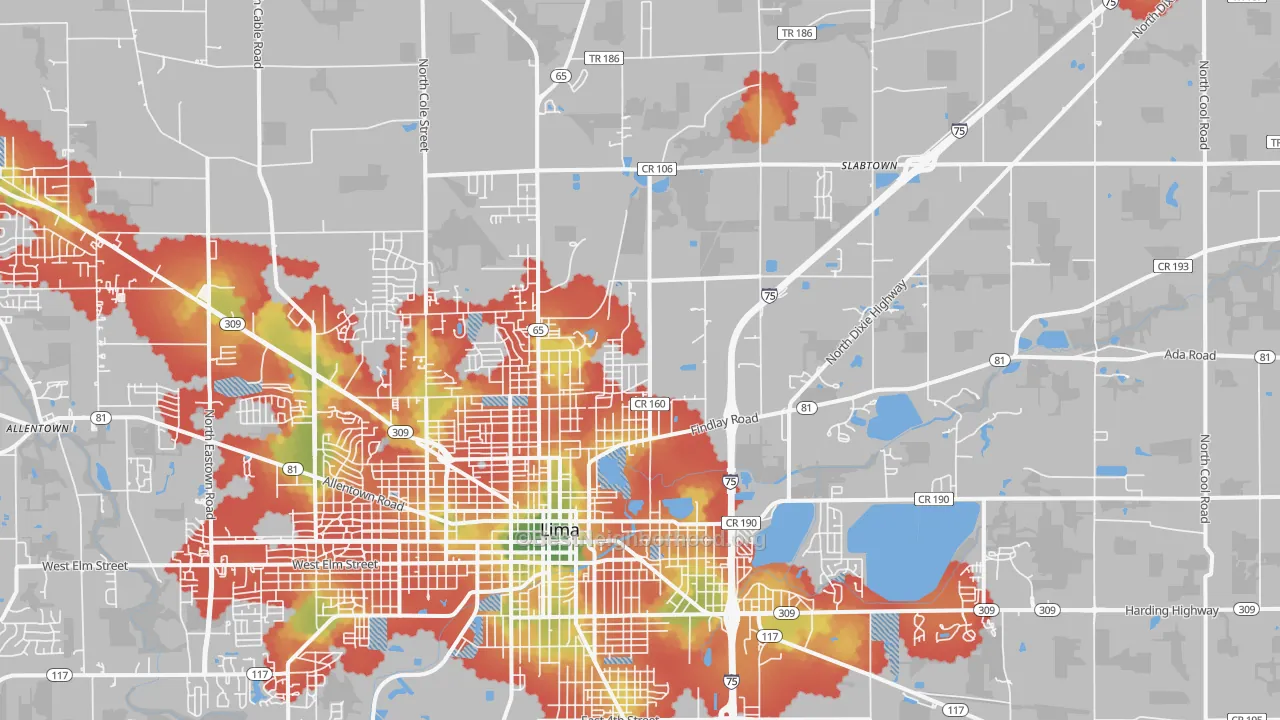 Walk Grade map of 45801, OH, walkable areas in green and car-dependent areas in red