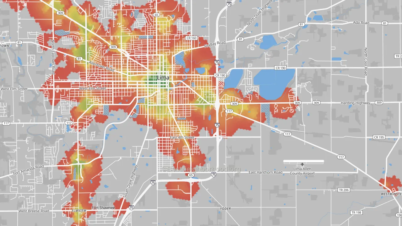 Walk Grade map of 45804, OH, walkable areas in green and car-dependent areas in red