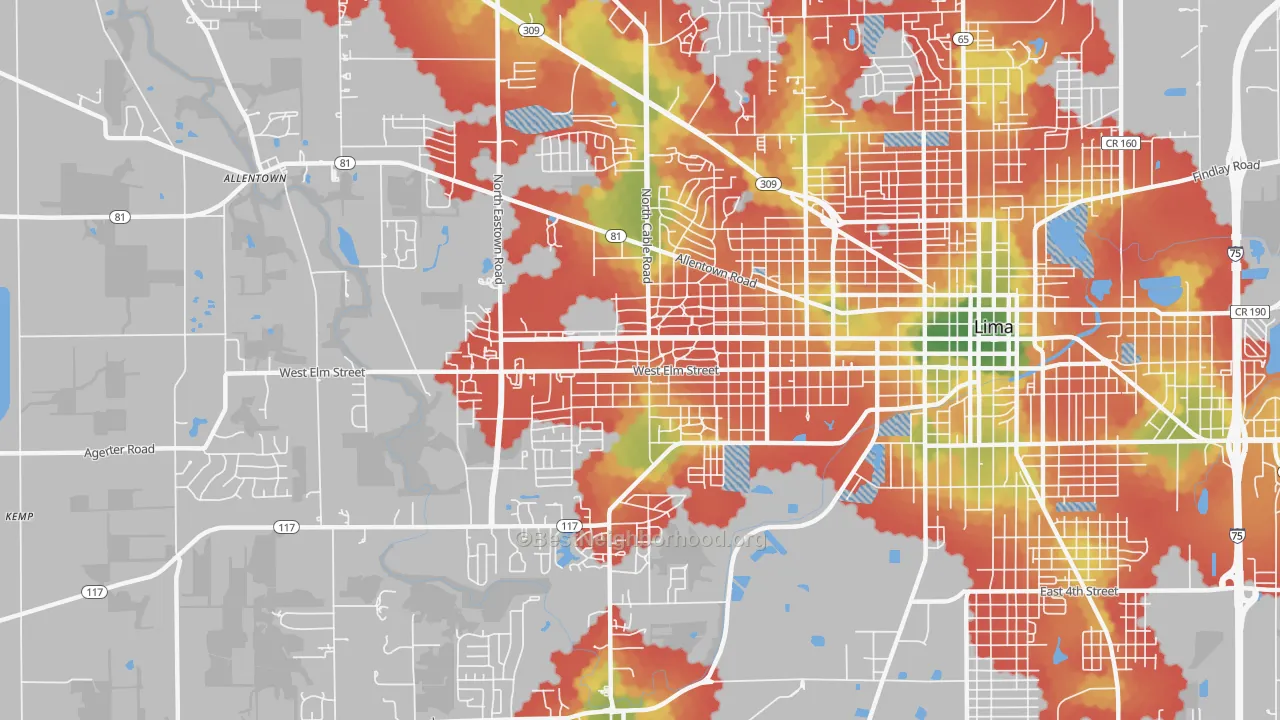 Walk Grade map of 45805, OH, walkable areas in green and car-dependent areas in red