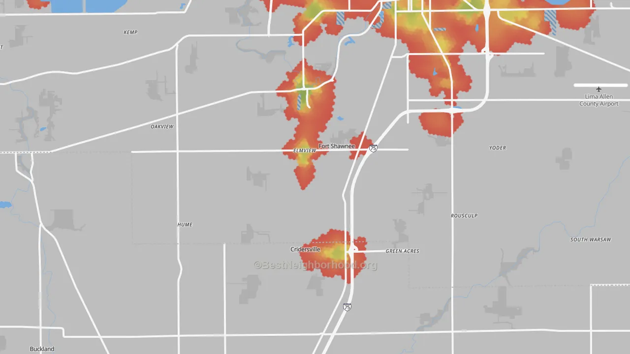 Walk Grade map of 45806, OH, walkable areas in green and car-dependent areas in red
