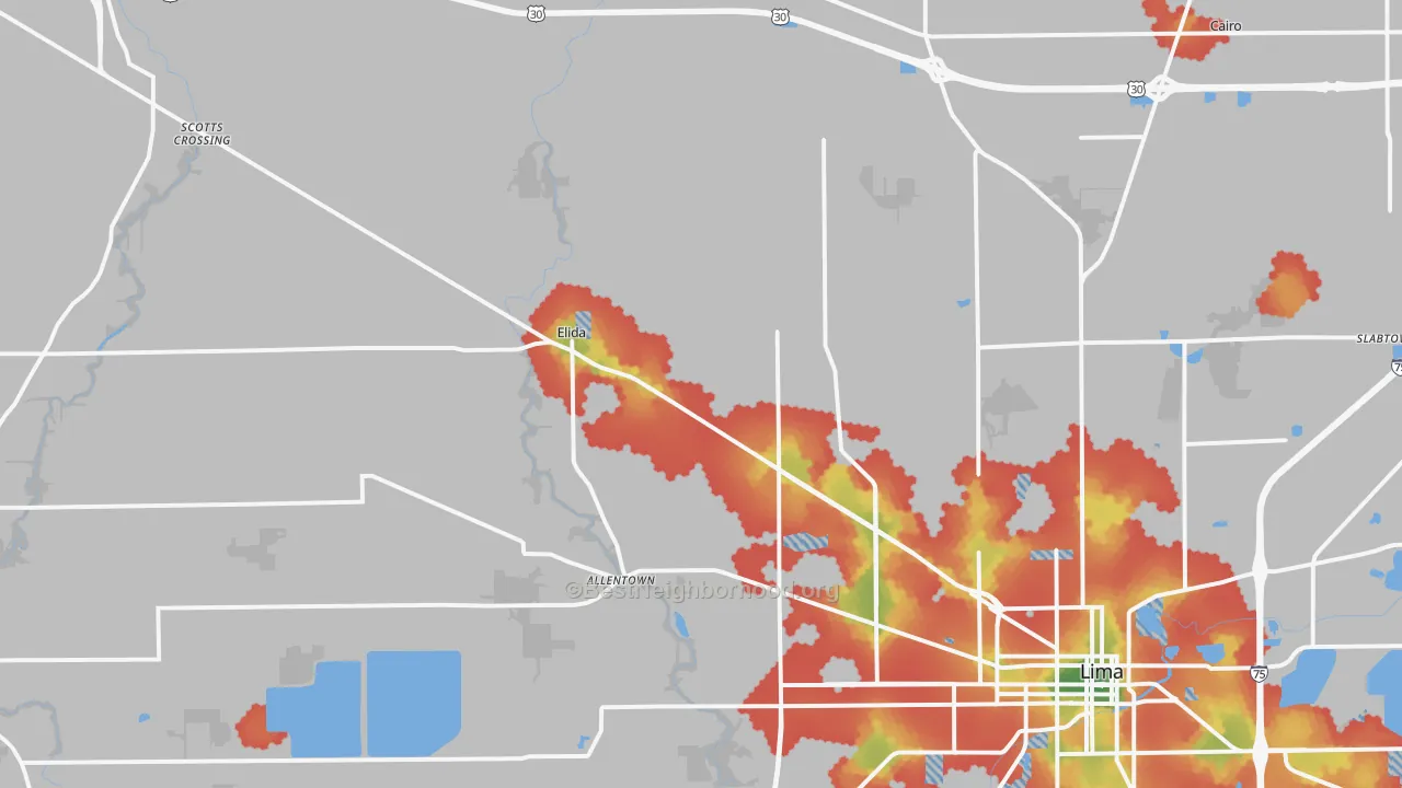 Walk Grade map of 45807, OH, walkable areas in green and car-dependent areas in red