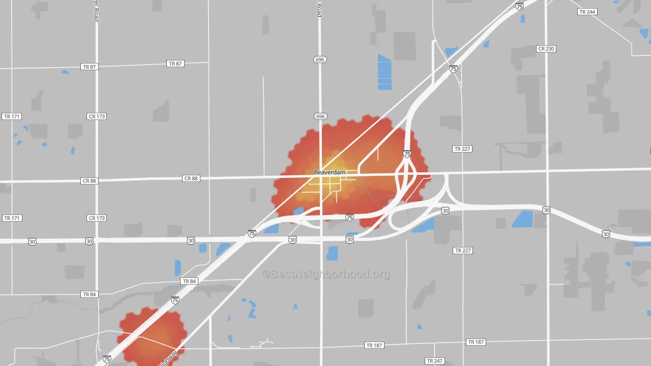 Walk Grade map of 45808, OH, walkable areas in green and car-dependent areas in red