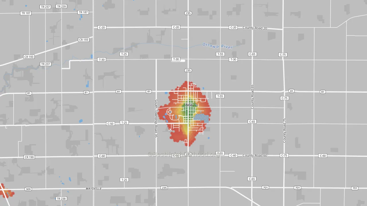 Walk Grade map of 45810, OH, walkable areas in green and car-dependent areas in red