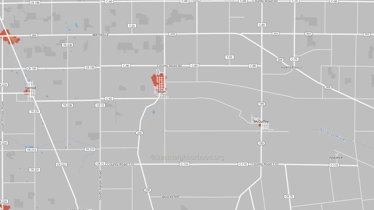 Walk Grade map of 45812, OH, walkable areas in green and car-dependent areas in red