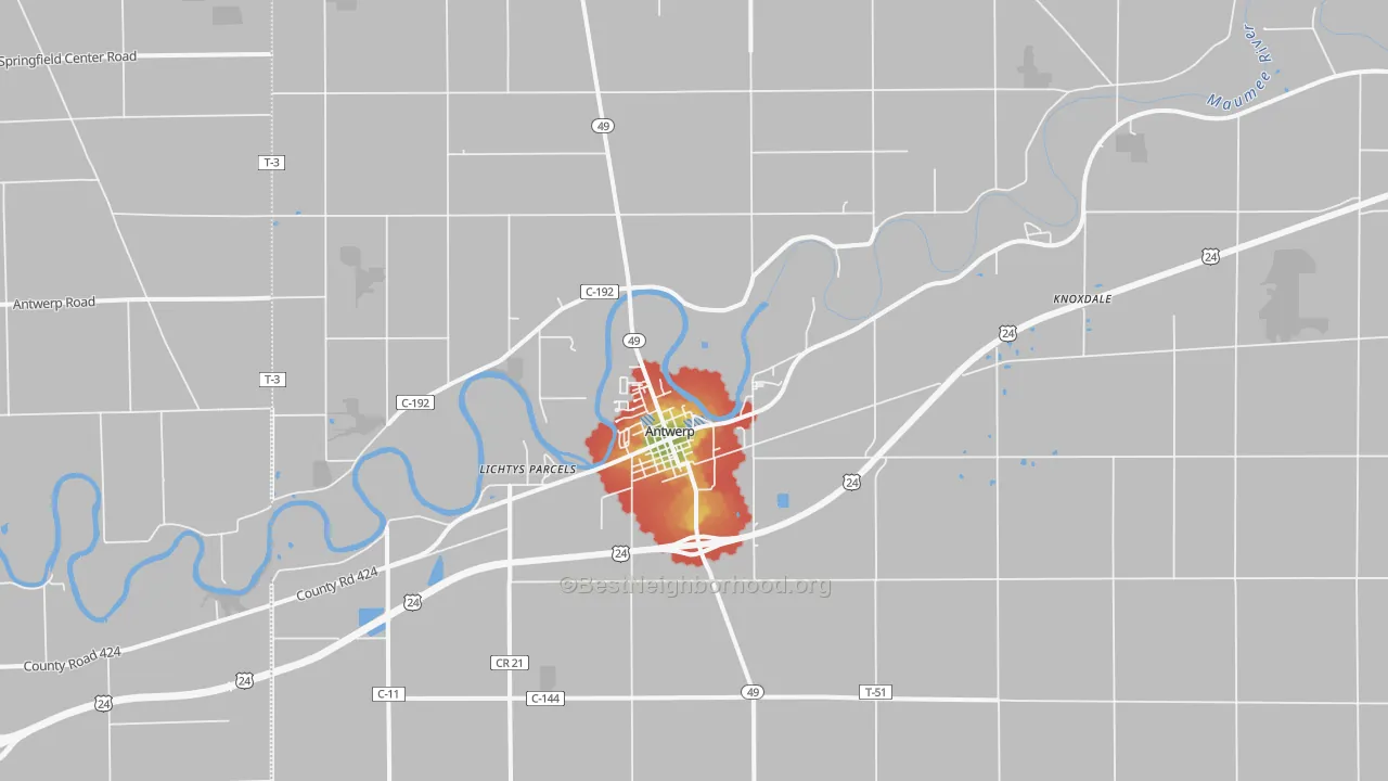 Walk Grade map of 45813, OH, walkable areas in green and car-dependent areas in red