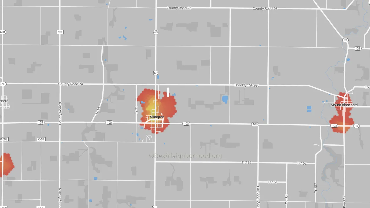 Walk Grade map of 45814, OH, walkable areas in green and car-dependent areas in red