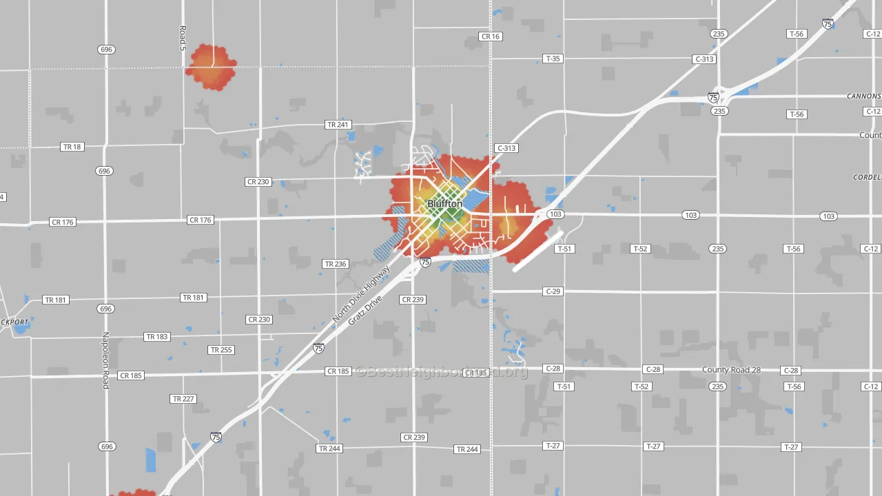 Walk Grade map of 45817, OH, walkable areas in green and car-dependent areas in red