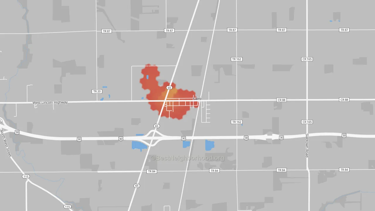 Walk Grade map of 45820, OH, walkable areas in green and car-dependent areas in red