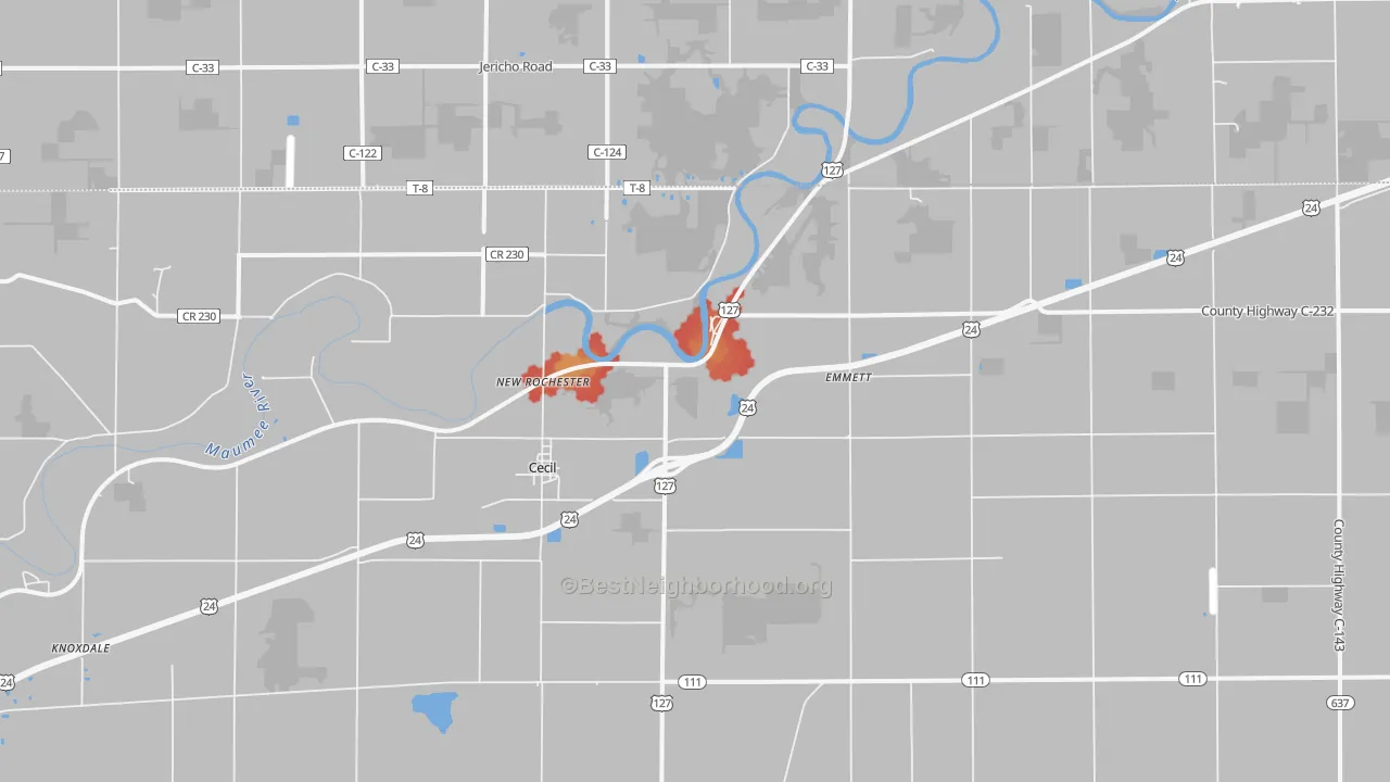 Walk Grade map of 45821, OH, walkable areas in green and car-dependent areas in red