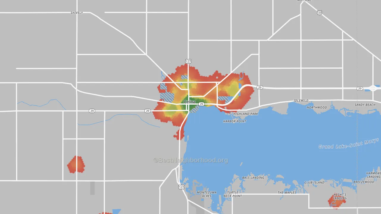 Walk Grade map of 45822, OH, walkable areas in green and car-dependent areas in red