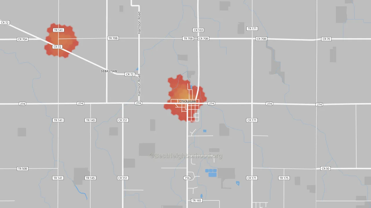 Walk Grade map of 45826, OH, walkable areas in green and car-dependent areas in red