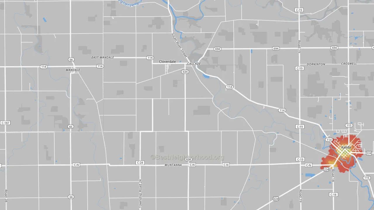 Walk Grade map of 45827, OH, walkable areas in green and car-dependent areas in red
