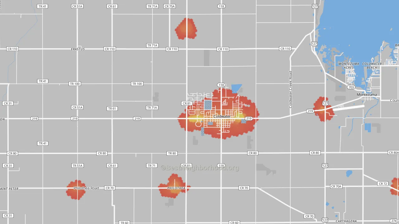 Walk Grade map of 45828, OH, walkable areas in green and car-dependent areas in red