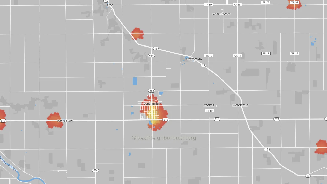Walk Grade map of 45831, OH, walkable areas in green and car-dependent areas in red
