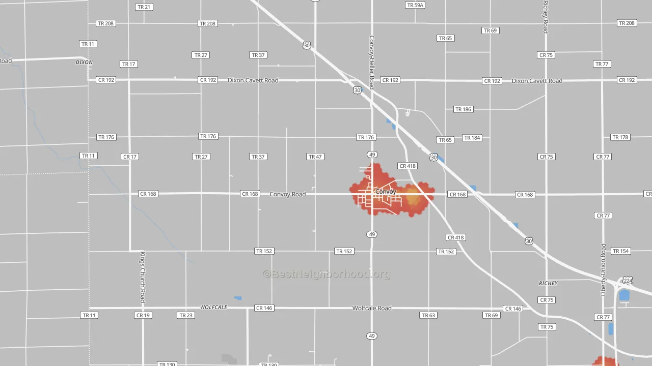 Walk Grade map of 45832, OH, walkable areas in green and car-dependent areas in red