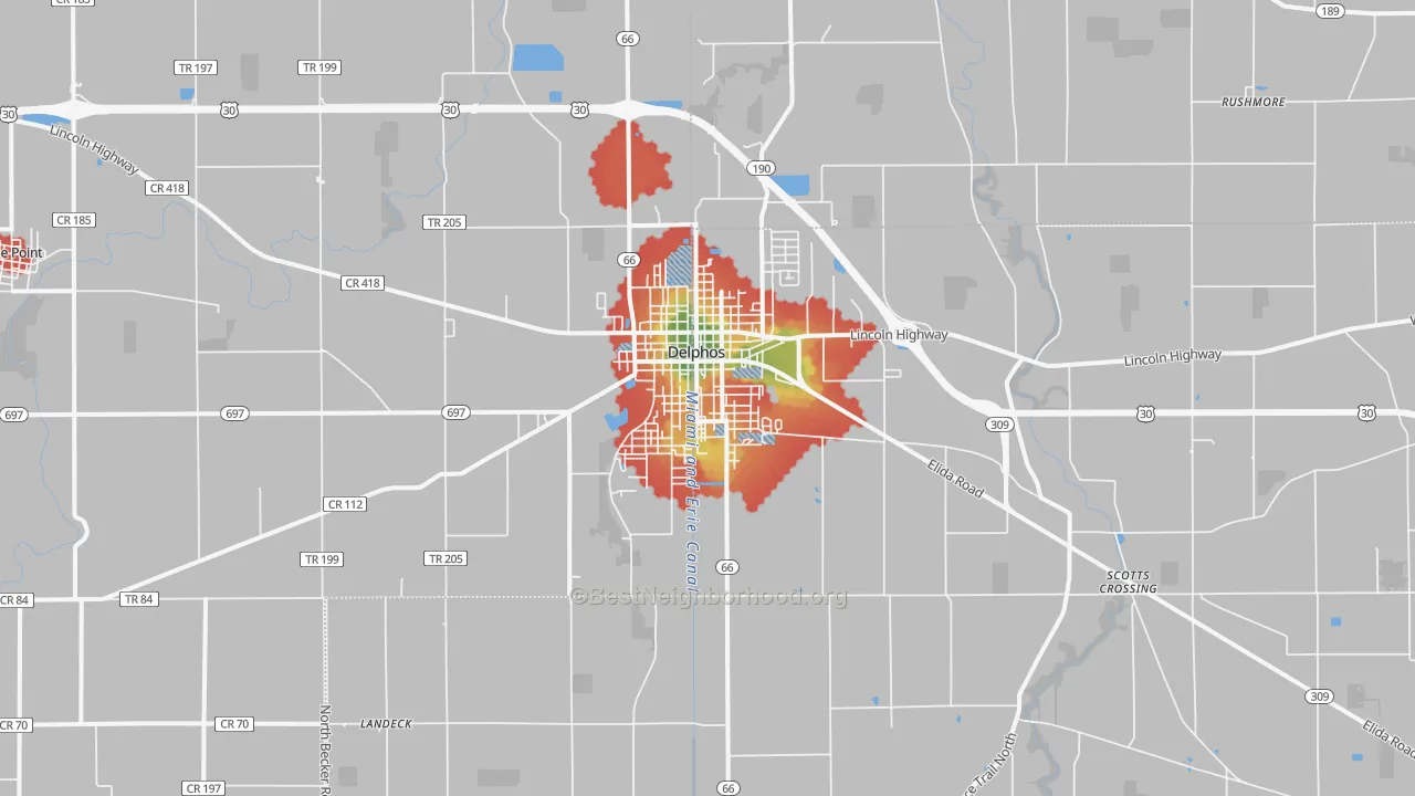 Walk Grade map of 45833, OH, walkable areas in green and car-dependent areas in red